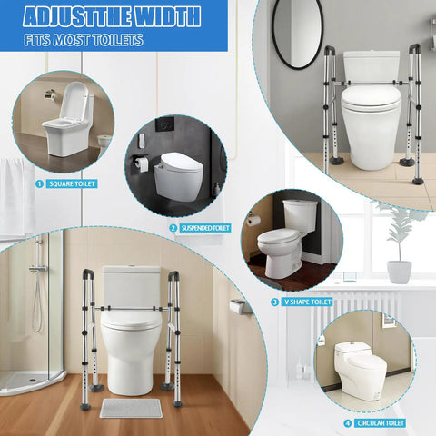 Built Tough Adjustable Toilet Safety Rails For Elders And Heavy Duty Bathroom Grab Bars shown fitting various toilet styles.