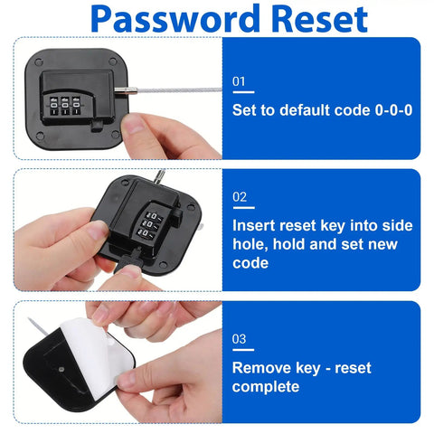 Kid Safe Fridge Lock With Keyless Combination, Heavy Duty Refrigerator Door Lock reset instructions, black lock close-up.