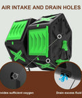 Air intake and drain holes on Easy Assembly Outdoor Compost Tumbler With Dual Chamber Rotating Bin For Fast No Fuss Garden And Kitchen Composting Large Capacity Leaf Collector Keeps Yard Waste Turning Into Rich Soil Efficiently.