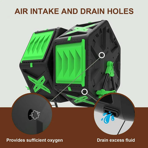 Dual Chamber Compost Tumbler With 360 Degree Rotating Bin 140L showing air intake and drain holes on sturdy PP frame