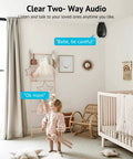 Indoor All-In-One Home Security Cam For Baby Monitoring And Pet Surveillance with two-way audio in nursery room.