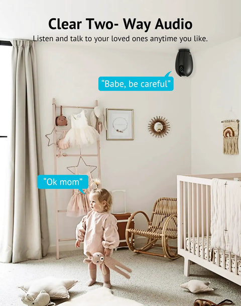 Indoor All-In-One Home Security Cam For Baby Monitoring And Pet Surveillance with two-way audio in nursery room.