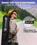 Man carrying Super Tough All In One Adjustable Badminton Net Up To Five Point One Feet Tall Ideal For Kids Volleyball And Pickleball Quick Setup Portable Sports Net With Bag For Tennis Pool Backyard Games And Indoor Play Ten Feet Long In Blue in a bag on his back