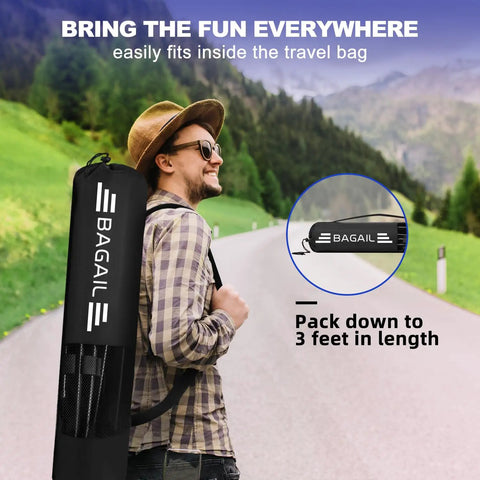 Man carrying Super Tough All In One Adjustable Badminton Net Up To Five Point One Feet Tall Ideal For Kids Volleyball And Pickleball Quick Setup Portable Sports Net With Bag For Tennis Pool Backyard Games And Indoor Play Ten Feet Long In Blue in a bag on his back