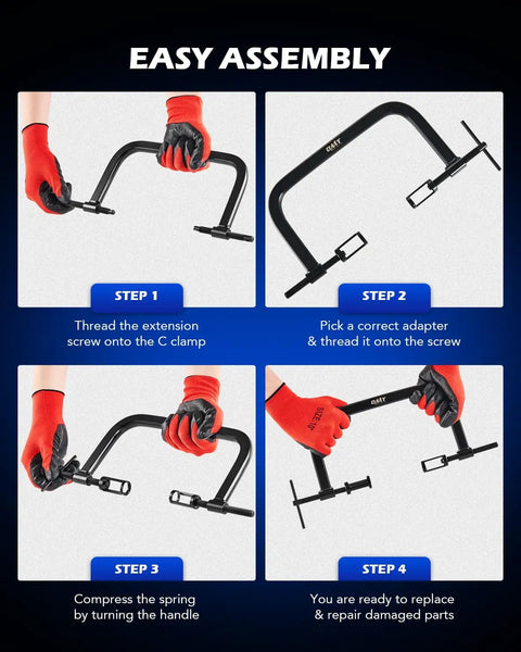 Valve Spring Compressor Kit With 10 Piece Clamp Tool Set assembly steps using C clamp and adapter