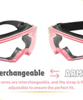 Pink Safety Goggles For Men And Women With Adjustable Strap And Two Ways To Wear Over Glasses Seen With Interchangeable Arms