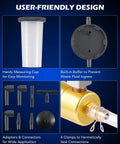 DIY Brake Bleeder Kit With Hand Vacuum Pump And Adapters, close-up of parts including measuring cup, buffer, and connectors