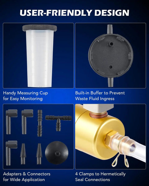 DIY Brake Bleeder Kit With Hand Vacuum Pump And Adapters, close-up of parts including measuring cup, buffer, and connectors