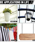 Image showing various uses of 50 Ft Galvanized Steel Hanging Jack Chain 1.3mm for flowerpots, chain lights, drying clothes, and billboards.