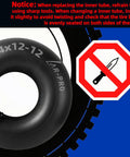 Replacement 24 By 12 By 12 Heavy Duty Inner Tube With TR13 Straight Valve Stems next to no sharp objects warning sign