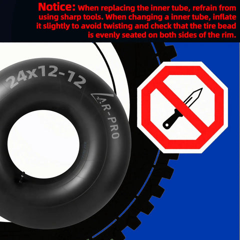 Replacement 24 By 12 By 12 Heavy Duty Inner Tube With TR13 Straight Valve Stems next to no sharp objects warning sign