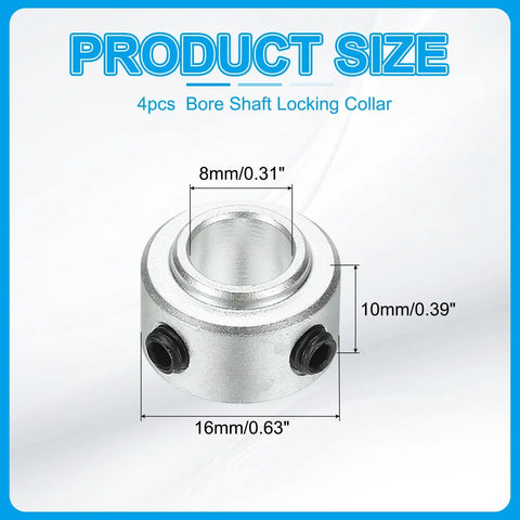Four Pack Aluminum Shaft Collars 5/16 Inch ID, 5/8 Inch OD, 3/8 Inch Thick Locking Collars for Gearbox Assemblies, Machine Tools, and Industrial Equipment showing 8x16x10 mm
