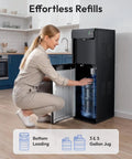 A woman refilling the Top Shelf 4-In-1 Countertop Water Dispenser Plus Fast Ice Maker with a 5-gallon bottle in glossy black.
