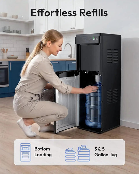 A woman refilling the Top Shelf 4-In-1 Countertop Water Dispenser Plus Fast Ice Maker with a 5-gallon bottle in glossy black.