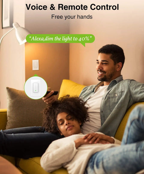 Couple using Smart Dimmer Switch That Jives With Alexa And Google Home, No Hub Needed, 2.4GHz Wi Fi, for effortless smart lighting control.