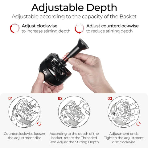 Adjustable depth feature of the 58mm WDT tool showcasing hand adjusting the stirring depth for espresso preparation.