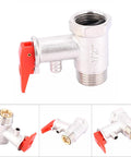 Front view of brass-plated water heater safety relief valve with red lever and 1/2 in threaded ends.