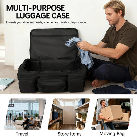 Man packing clothes into military grade rolling duffle bag