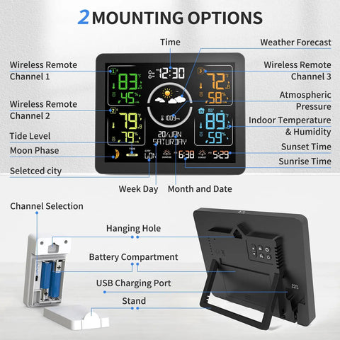 All In One Weather Station With Wireless Indoor Outdoor Thermometer And Three Remote Sensors 7.5 Inch VA Display showing multiple weather data readings and mounting options