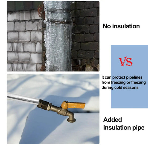 Comparison of frozen and insulated outdoor water lines. Eight Piece Self Adhering Pipe Insulation Foam Tubes With Aluminum Foil Wrap For Outdoor