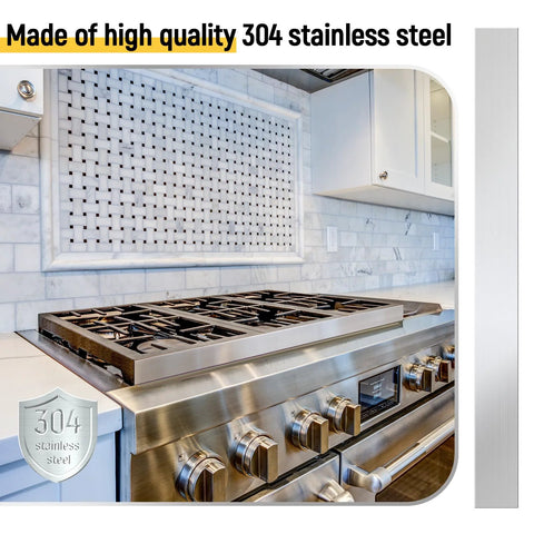 Two 3x30-inch brushed stainless steel trim strips (304 stainless) installed as gap filler beside a stainless stove.