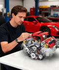 Man assembling Realistic V8 Engine Building Kit For Adults Gearhead Friendly Build Your Own Model Engine With LED Lights