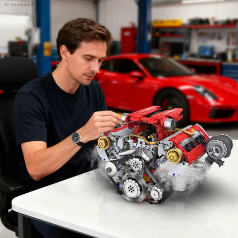 Man assembling Realistic V8 Engine Building Kit For Adults Gearhead Friendly Build Your Own Model Engine With LED Lights