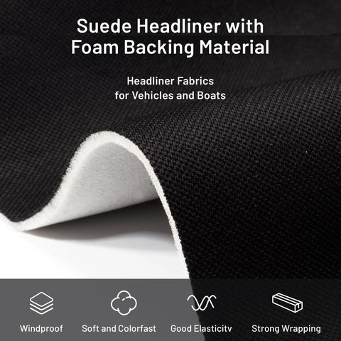 Headliner fabric for auto interiors with foam backing, black mesh, close-up view
