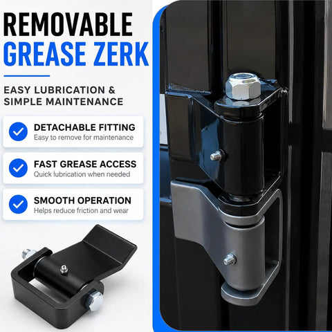 Heavy Duty Weld On Trailer Hinges With Greasable Pivot For Dump Gates And Steel Trailer Doors, close-up black steel weld-on hinge