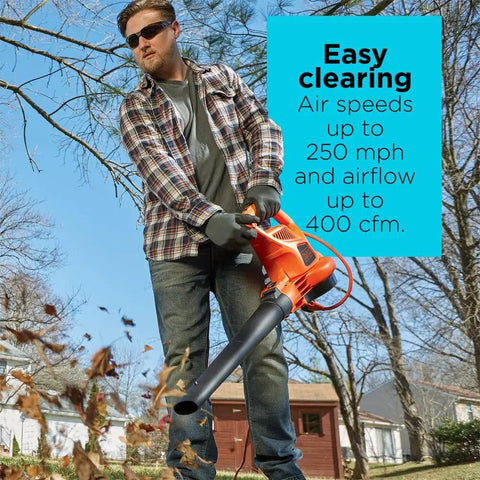 Man using 3 In 1 Backpack Leaf Blower Vacuum Mulcher With PowerBoost 250 MPH Airflow And 400 CFM For Lawn Care Corded Electric