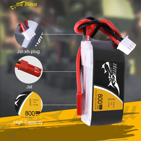 800mAh 7.4V 45C 2S1P LiPo Battery Pack With JST SYP Plug For Small FPV Drones detailed with plugs and high capacity features