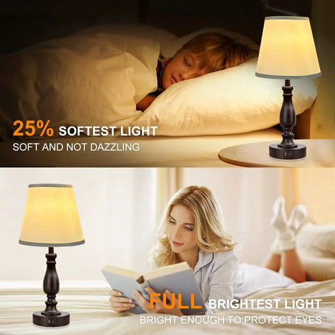 Set Of 2 20 Inch Bedside Lamps With Dual USB A And USB C Charging Ports, 3 way touch control showing soft and bright lighting settings