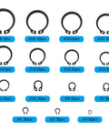 15 sizes of snap rings from the 350 Pieces Retaining Rings Kit External Circlips Snap Rings C Clips Assortment Set In 15 Sizes Heavy Duty 65Mn Steel