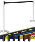 Two-Pack Commercial-Grade Stanchions With 40-Inch Tall Polished Stainless Steel Posts, 10-Foot Retractable Belt Barrier, Heavy Base Crowd Control Barrier, Black Belt, No-Tools Assembly, Model P100PS1 displayed with black, blue, yellow, and red belt options.