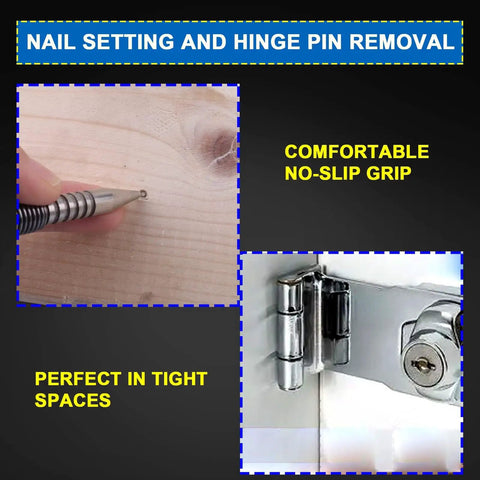 Image of Heavy Duty Spring Nail Set With Heat Treated Steel And Accurate Size Marked Punches making nail setting easy in wood.