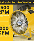 Heavy Duty 8 Inch Air Mover Portable Ventilation Fan With 3500RPM Copper Motor Delivers 1000CFM Airflow 16 Foot Flexible Duct