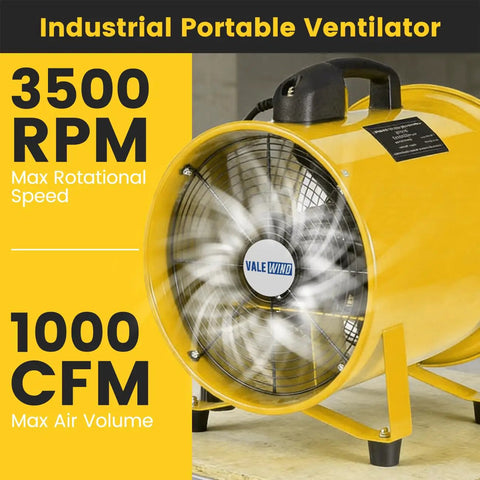Heavy Duty 8 Inch Air Mover Portable Ventilation Fan With 3500RPM Copper Motor Delivers 1000CFM Airflow 16 Foot Flexible Duct