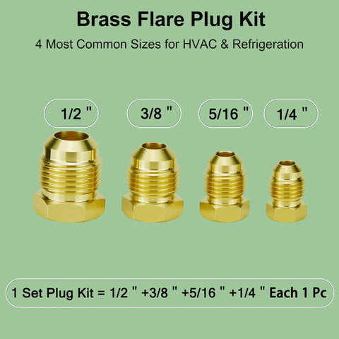 SAE 45 Degree Flare Plug Kit, 4 Pack, One Fourth Inch, Five Sixteenths Inch, Three Eighths Inch, One Half Inch Solid Brass Tube Fittings Caps For HVAC Refrigeration Gas Lines Leak Free Seal