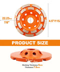 Front and side view of Four And A Half Inch Diamond Double Row Cup Wheel For Grinding Polishing And Cleaning Surfaces On Concrete Granite Marble Stone Cement Rock 115mm Arbor 5mm Segments Grit 40 50 Aggressive Grind With Smooth Finish showing dimensions and thickness.