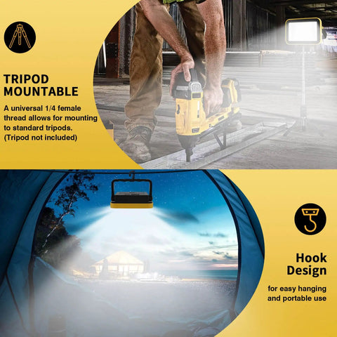 Rechargeable 40W LED Work Light With Tripod Hole lighting a job site and camping tent scene, showcasing versatility.
