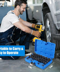 Mechanic using 33 Piece Bolt Extractor Kit Set With 1/4 And 3/8 Drive Bits, Heavy Duty Chrome Molybdenum Steel Nut And Bolt Remover with case