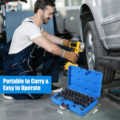 Mechanic using 33 Piece Bolt Extractor Kit Set With 1/4 And 3/8 Drive Bits, Heavy Duty Chrome Molybdenum Steel Nut And Bolt Remover with case