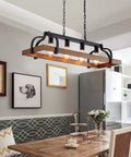 Dope Four Light Metal Pot Rack Chandelier With Faux Wood Grain Finish in a rustic kitchen setting, black accents, 34.6 in long