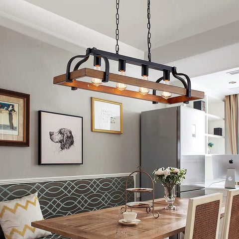 Dope Four Light Metal Pot Rack Chandelier With Faux Wood Grain Finish in a rustic kitchen setting, black accents, 34.6 in long