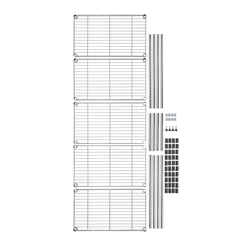 Heavy Duty Five Shelf Adjustable Storage Shelving Rack For Garage And Workshop Featuring A Rugged Steel Wire Base That Handles Two Hundred Pounds Per Tier In Slick Chrome Finish With Dog Gone Strong Build Quality That Truly Gets The Job Done