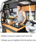 Roof Vent Lift Arm Knob Kit K1140-09 in action in van kitchen with easy grip replacement shown close-up.