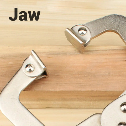 Close up of jaws of Super Tough Locking C Clamp Pliers Set Inch Duty Woodworking Face Tool With Rotating Pads For Welding.