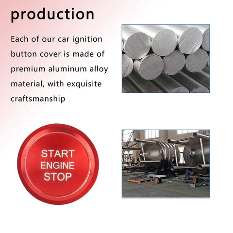 Audi Push Start Button Cover With Aluminum Ring. Image of red start button, aluminum rods, and manufacturing process.