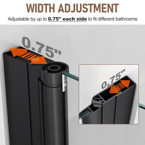 Width adjustment feature for Slick Matte Black Frameless Pivot Shower Door Featuring Thick Clear Tempered Glass and Smooth Reversible Swing Action.
