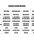 Granule Packing Machine specifications image showing models VFFS-280C, VFFS-450C, VFFS-600C and their details.